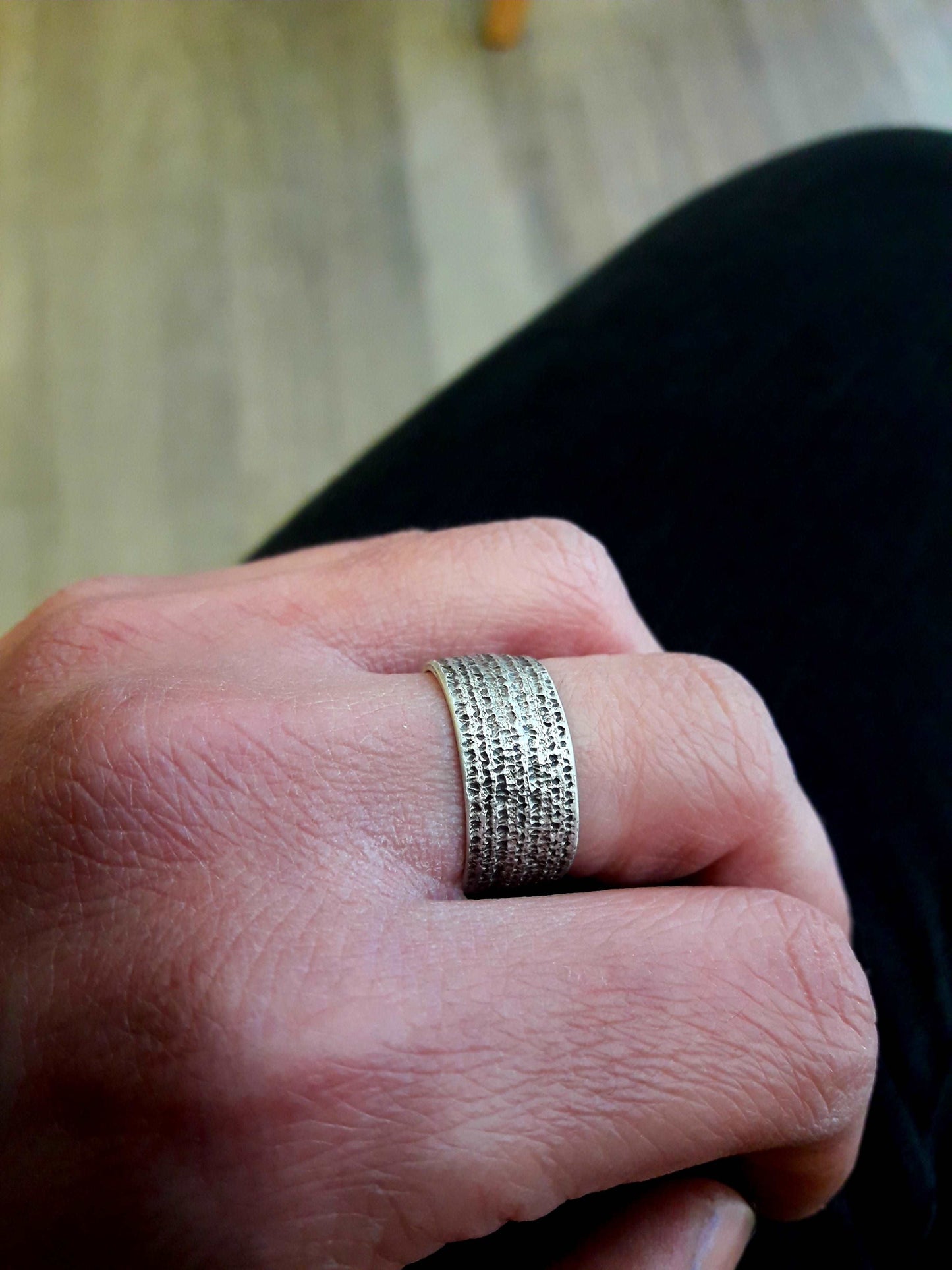 Jeans texture sterling silver ring, unisex