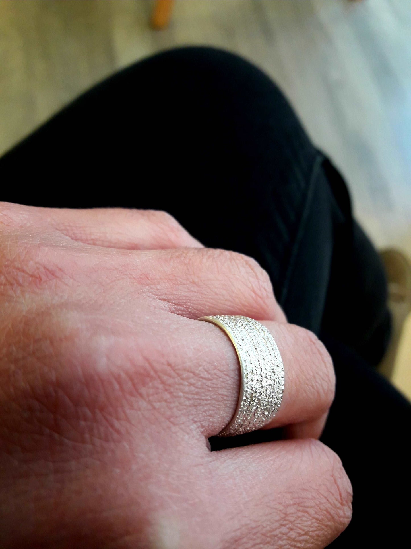 Jeans texture sterling silver ring, unisex