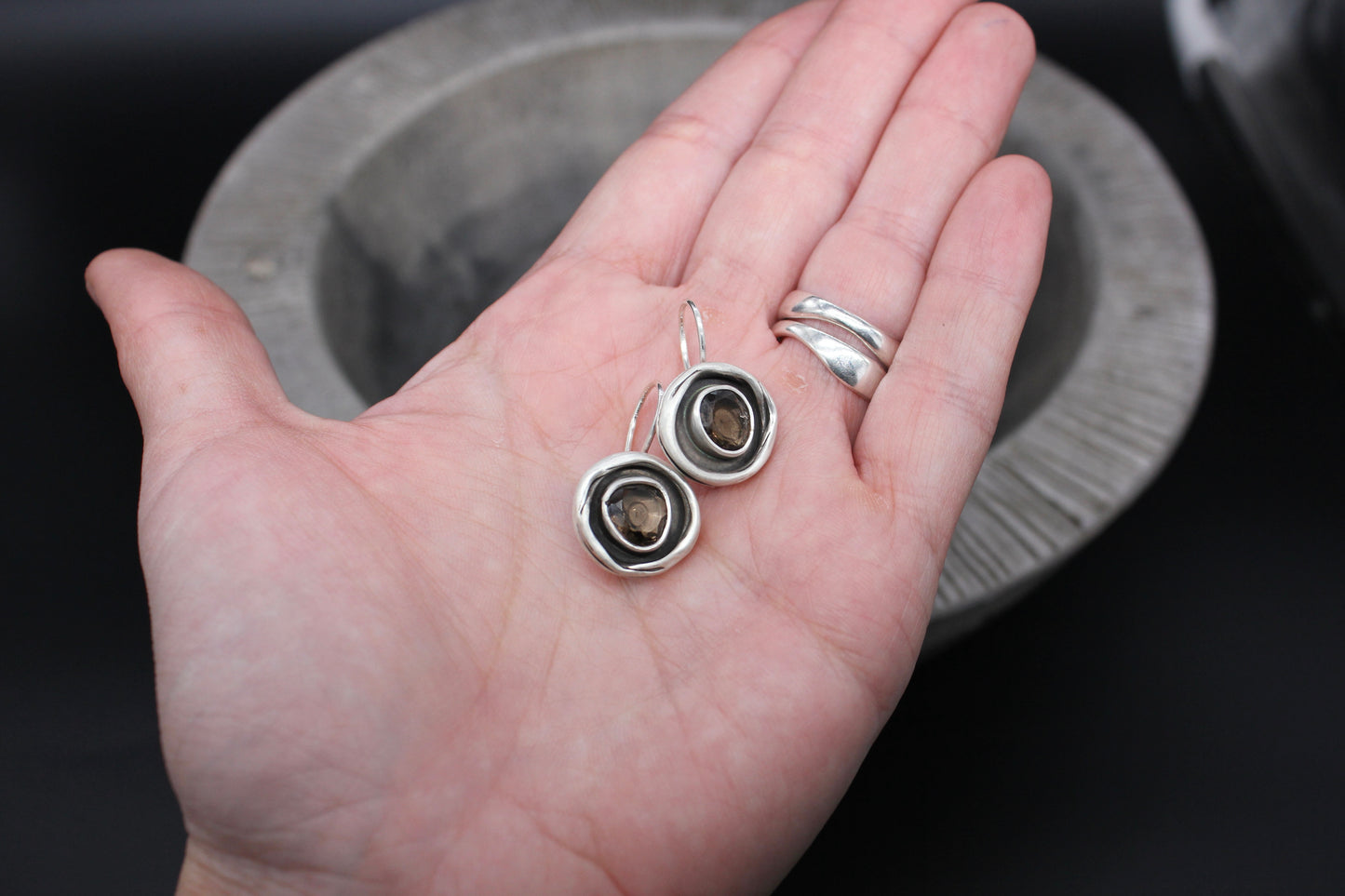 One of a kind sterling silver earrings with smoky quartz