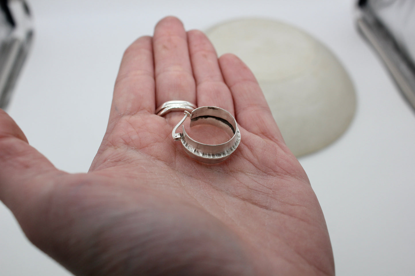 Wide hammered silver hoops