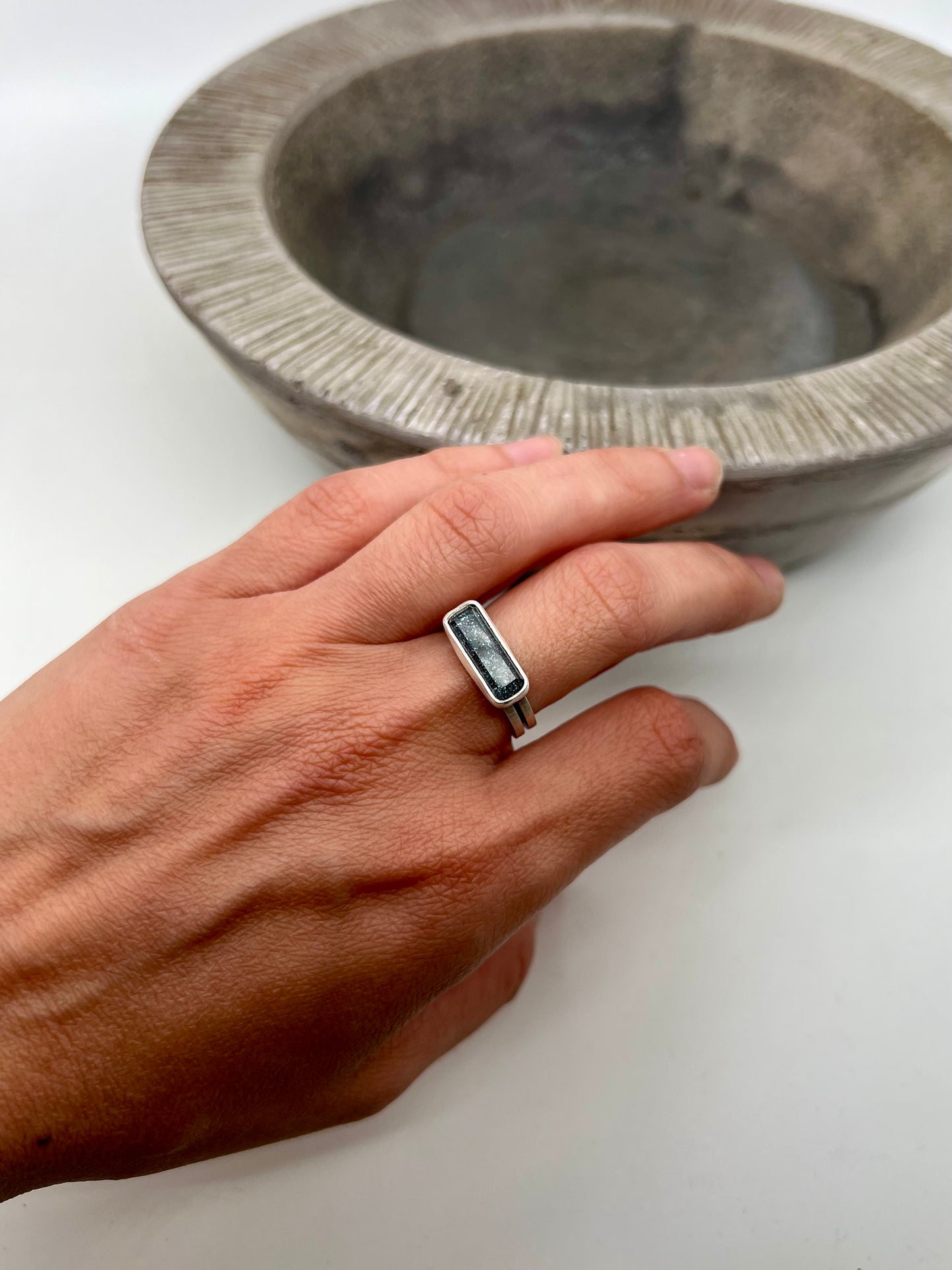One of a kind hematite and quartz ring